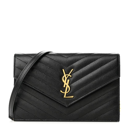 Saint Laurent Grain De Poudre Matelasse Chevron Monogram Envelope Chain Wallet Black 1 of 11