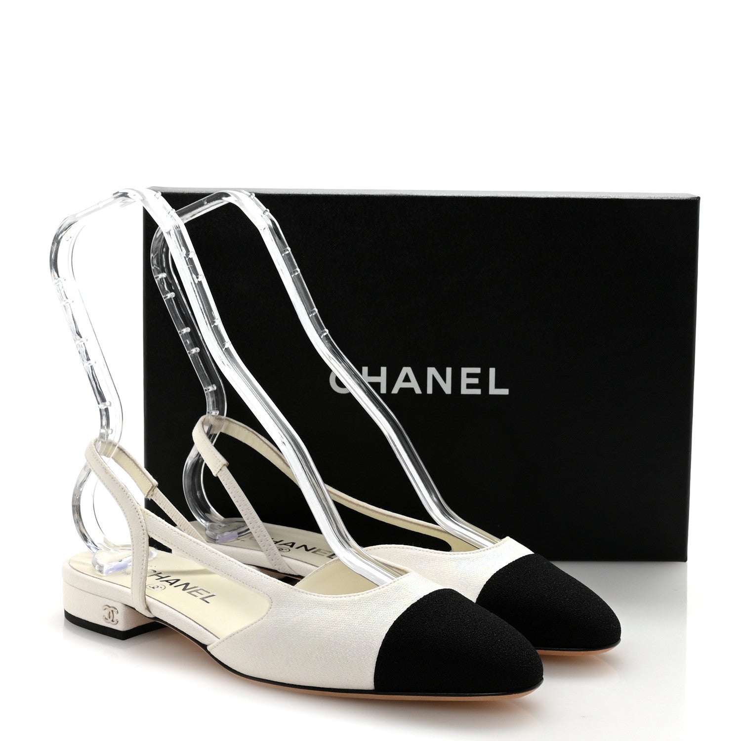 Chanel Iridescent Tweed Cap Toe CC Slingback Flats 38.5 White