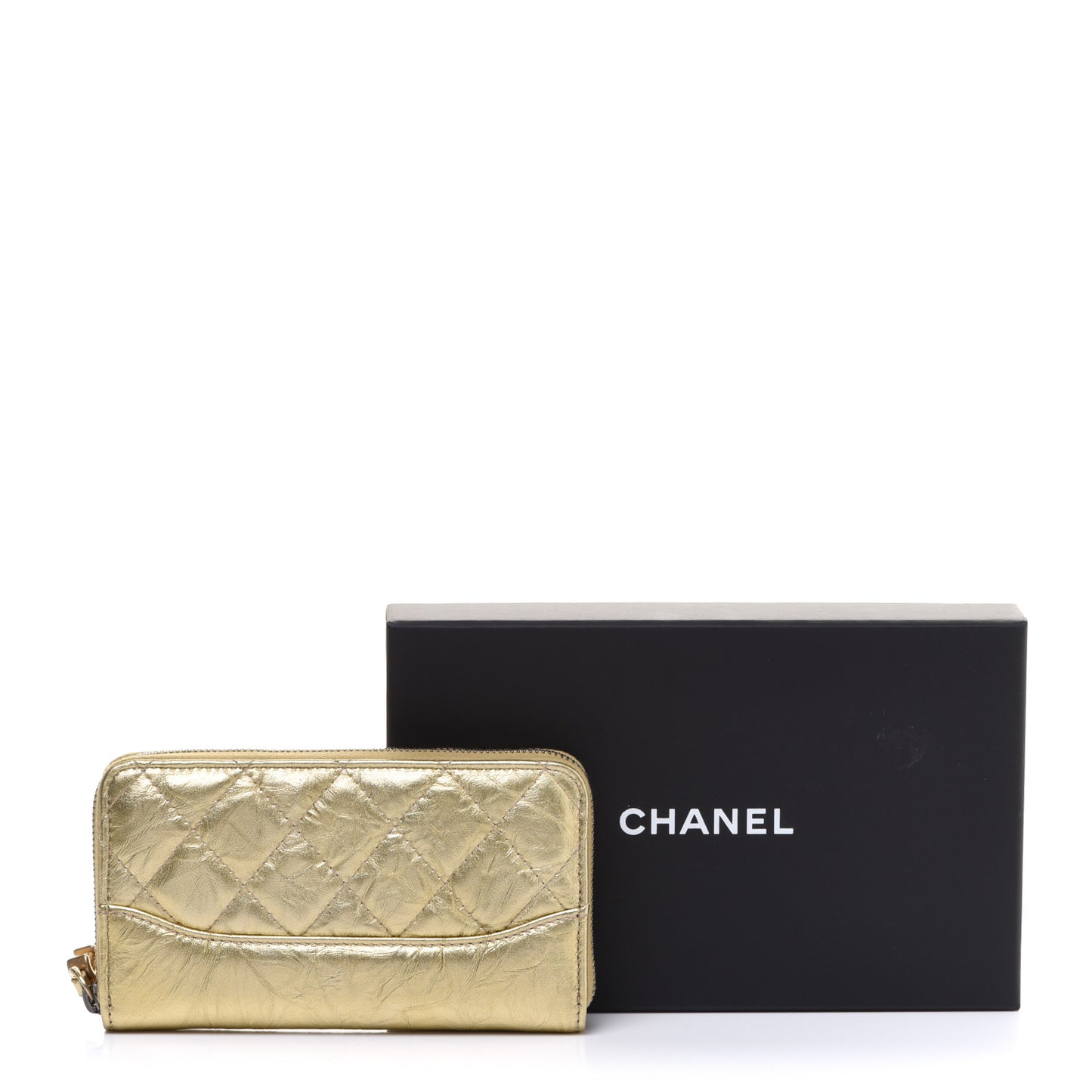 Metallic Aged Calfskin Quilted Small Gabrielle Zip Around Wallet Gold
