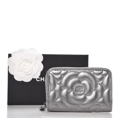 Chanel Metallic Lambskin Camellia Embossed Zip Coin Purse Grey 10 of 10