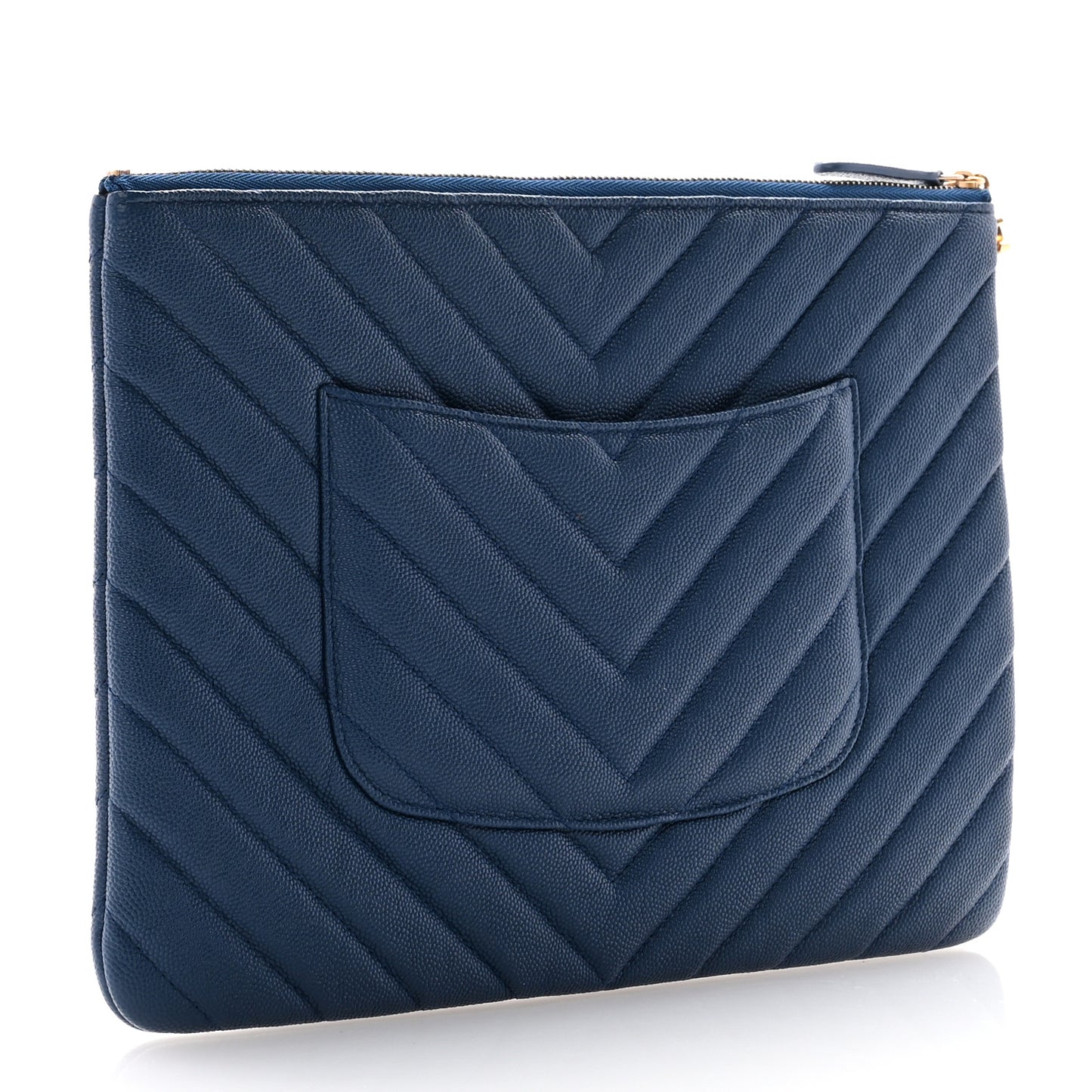 Caviar Chevron Quilted Medium Zip Pouch Navy