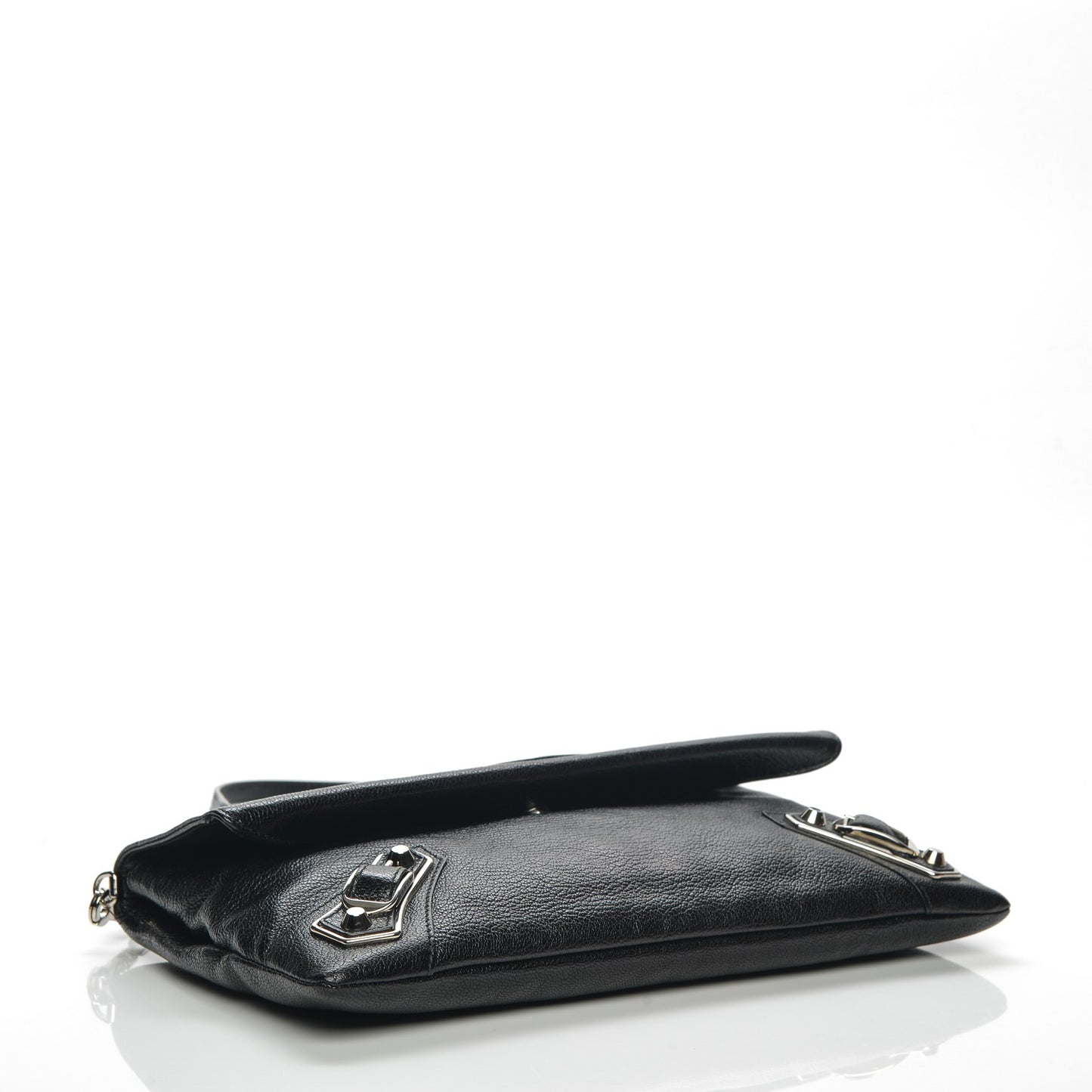 Chevre Silver Metallic Edge Hardware Envelope Clutch Black