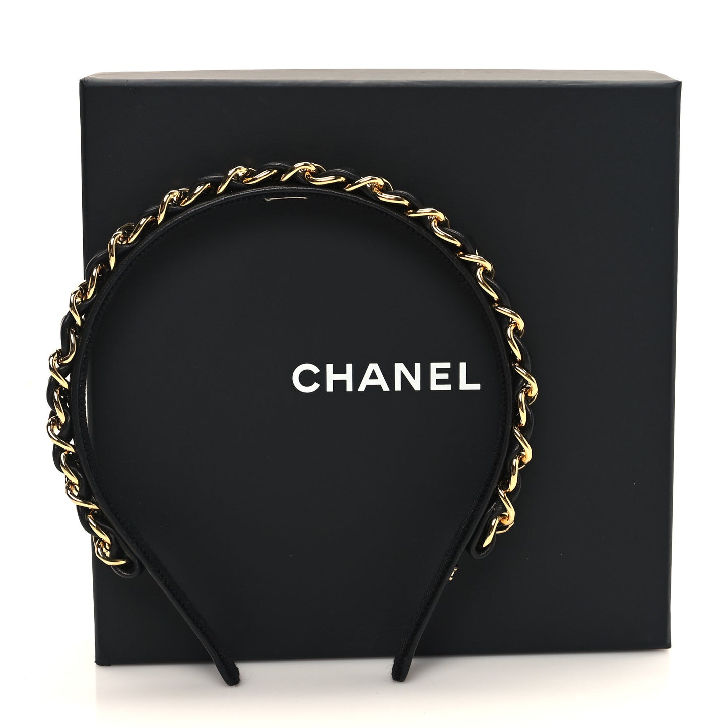 Metal Lambskin CC Chain Headband Gold Black