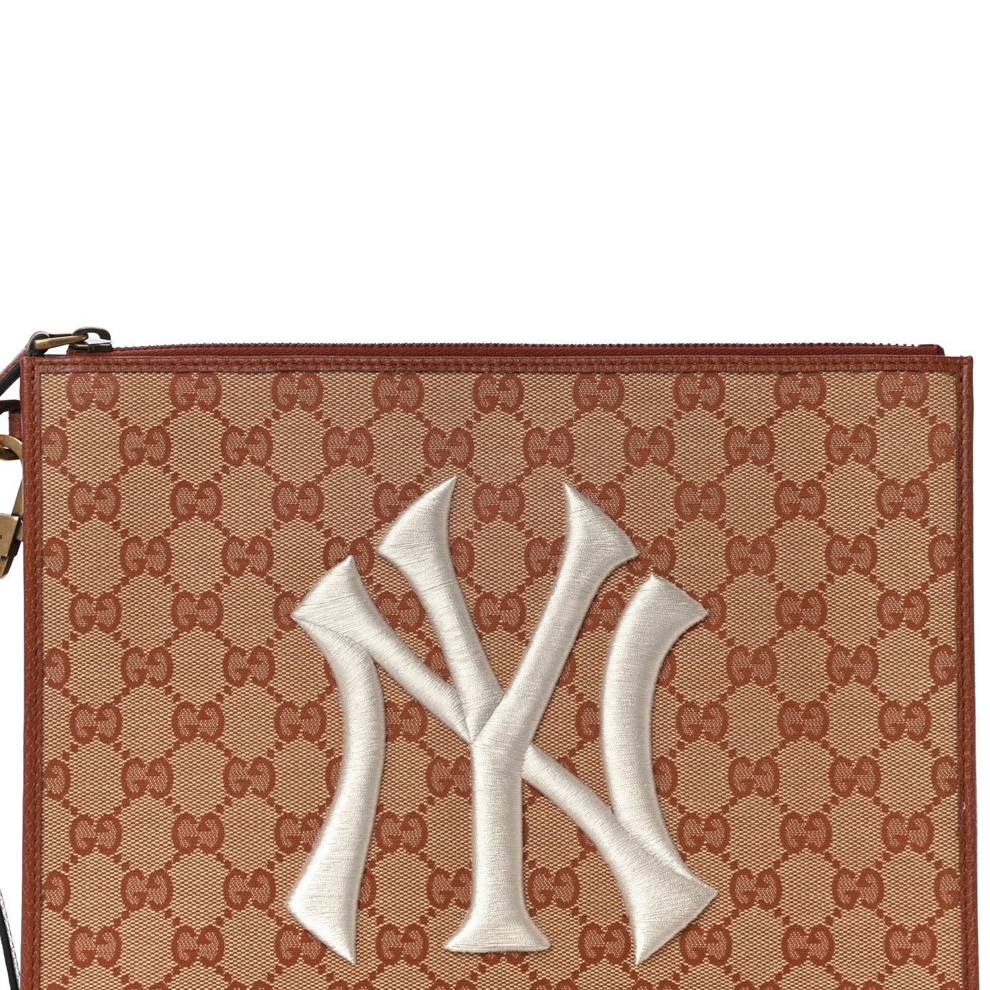 X MLB GG Monogram NY Yankees Zip Wristlet Pouch Beige Ruggine Ivory