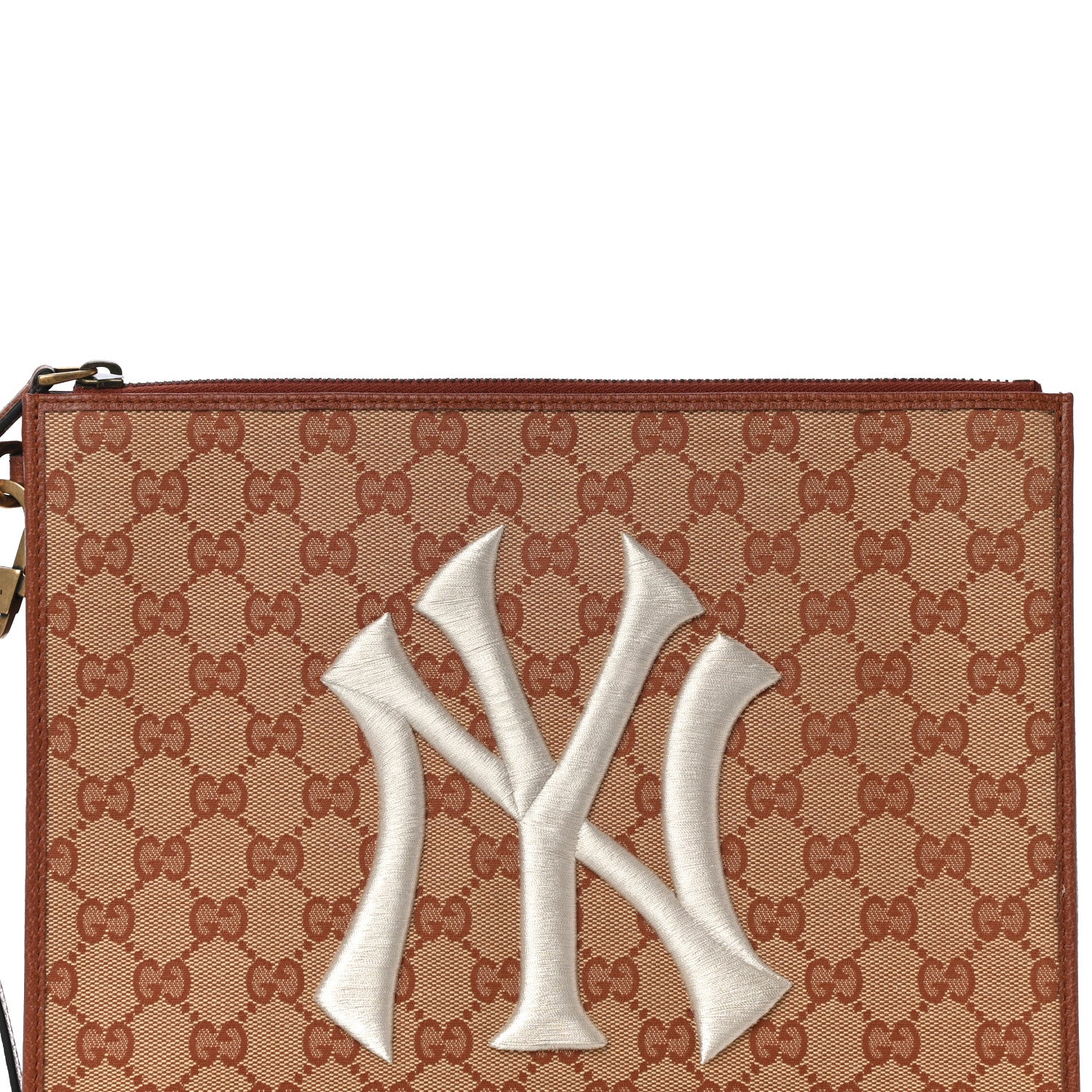 Gucci X MLB GG Monogram NY Yankees Zip Wristlet Pouch Beige Ruggine Ivory 8 of 11