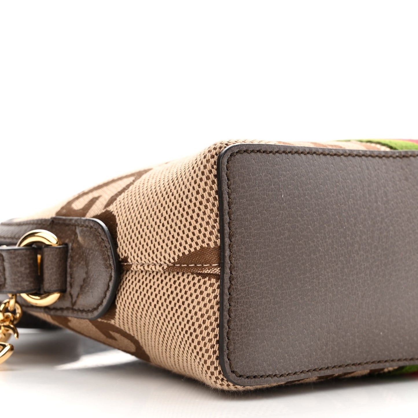 Monogram Jumbo GG Textured Dollar Calfskin Web Small Ophidia Dome Shoulder Bag Camel Ebony New Acero