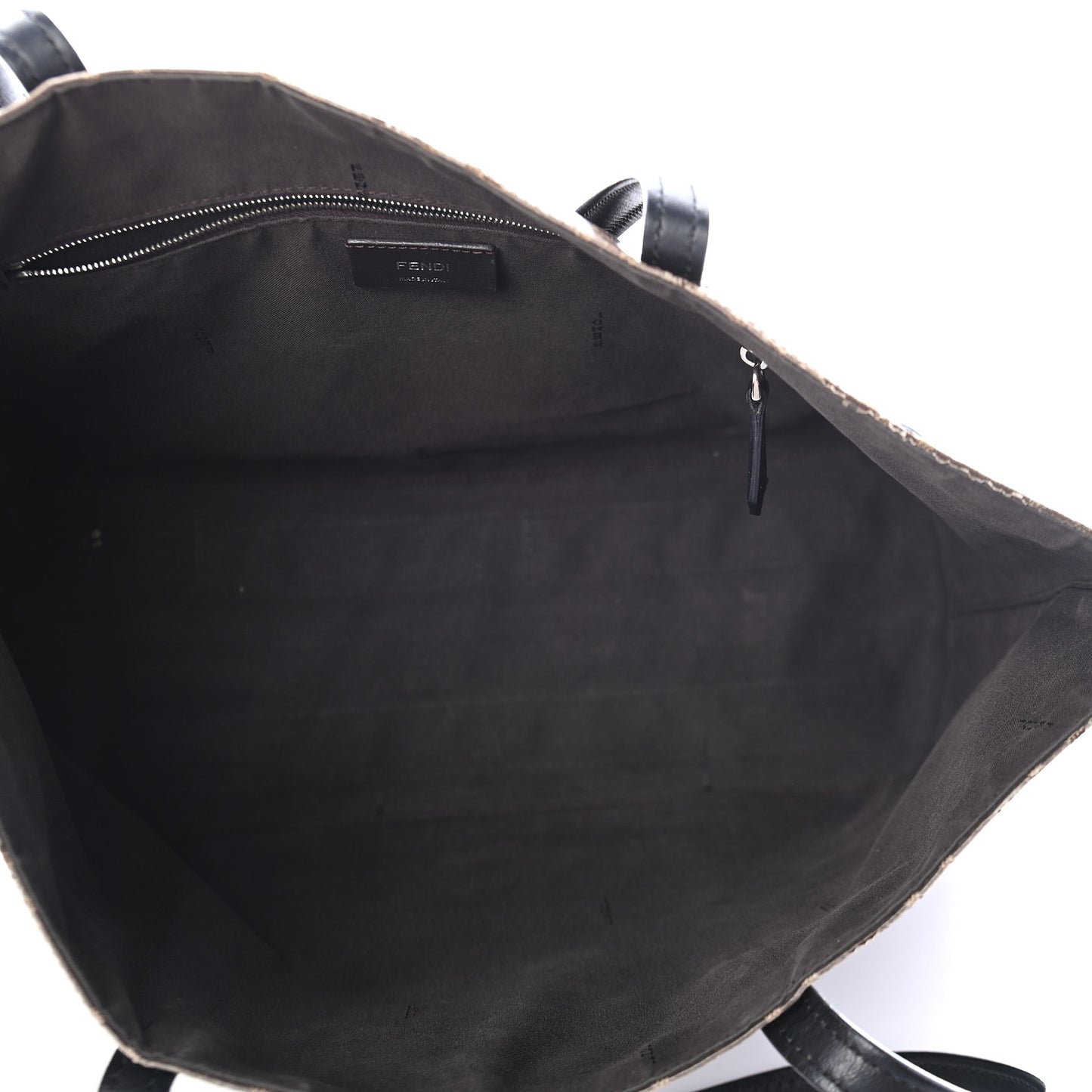 Glazed Fabric Vitello Century FF 1974 Stamp Patch Shopping Tote Mogano Panna Black