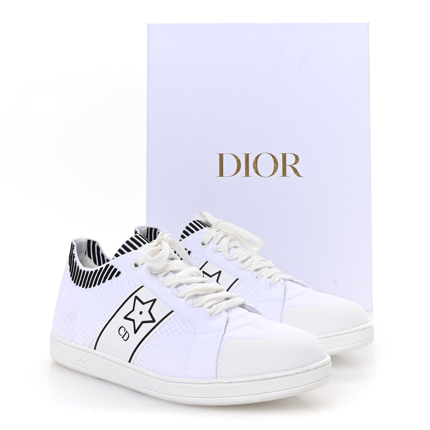 Christian Dior Calfskin Knit Dior Star Low Top Sneakers 38.5 White