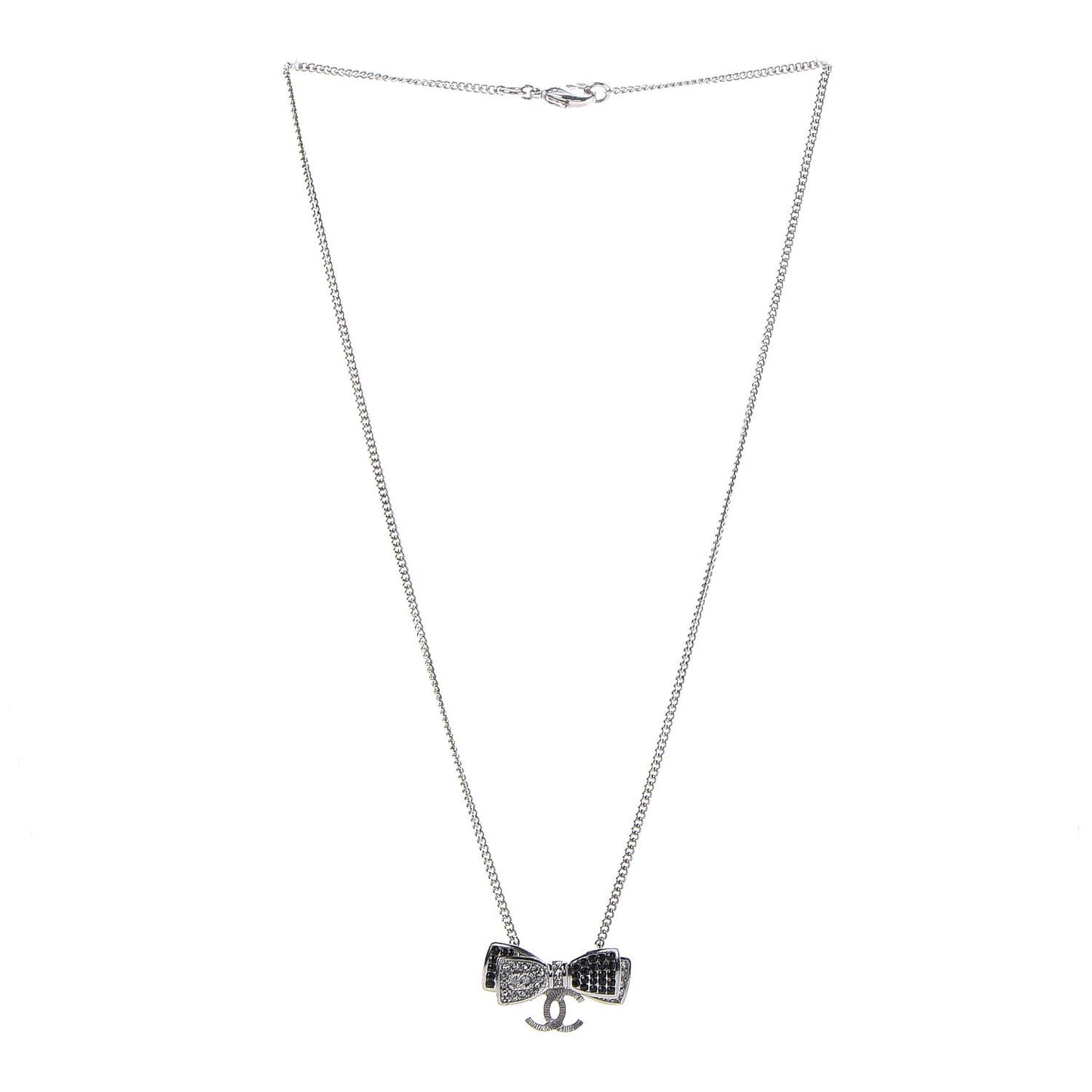 Crystal CC Bow Necklace Silver Black