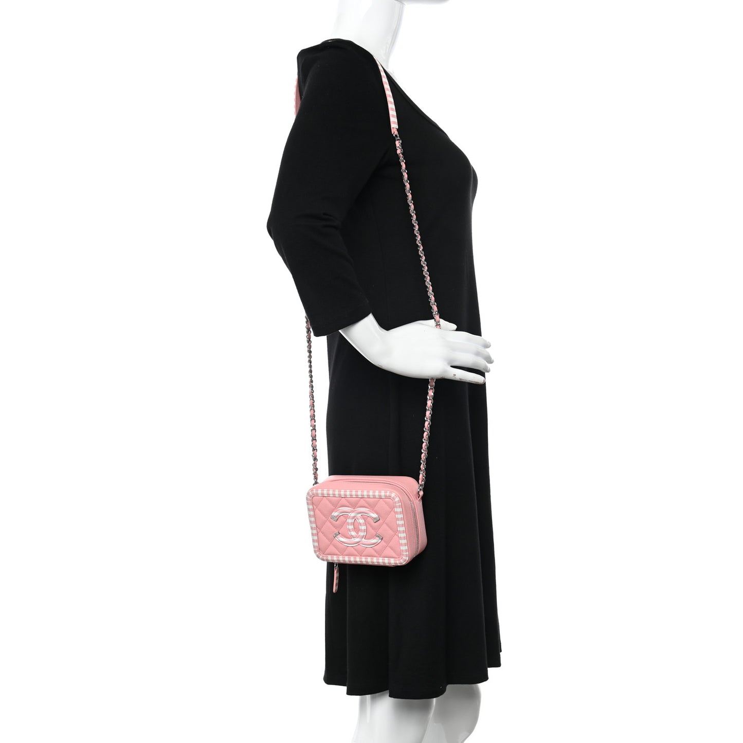 Caviar Quilted Striped CC Filigree Clutch With Chain Pink White