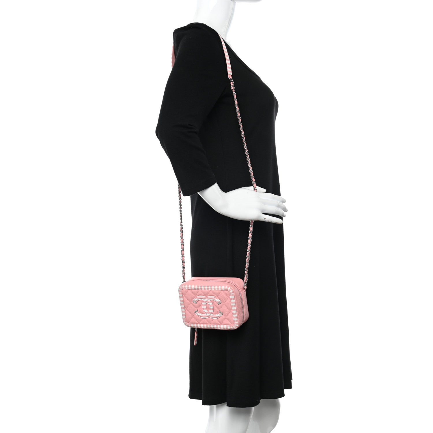Chanel Caviar Quilted Striped CC Filigree Clutch With Chain Pink White 2 of 11