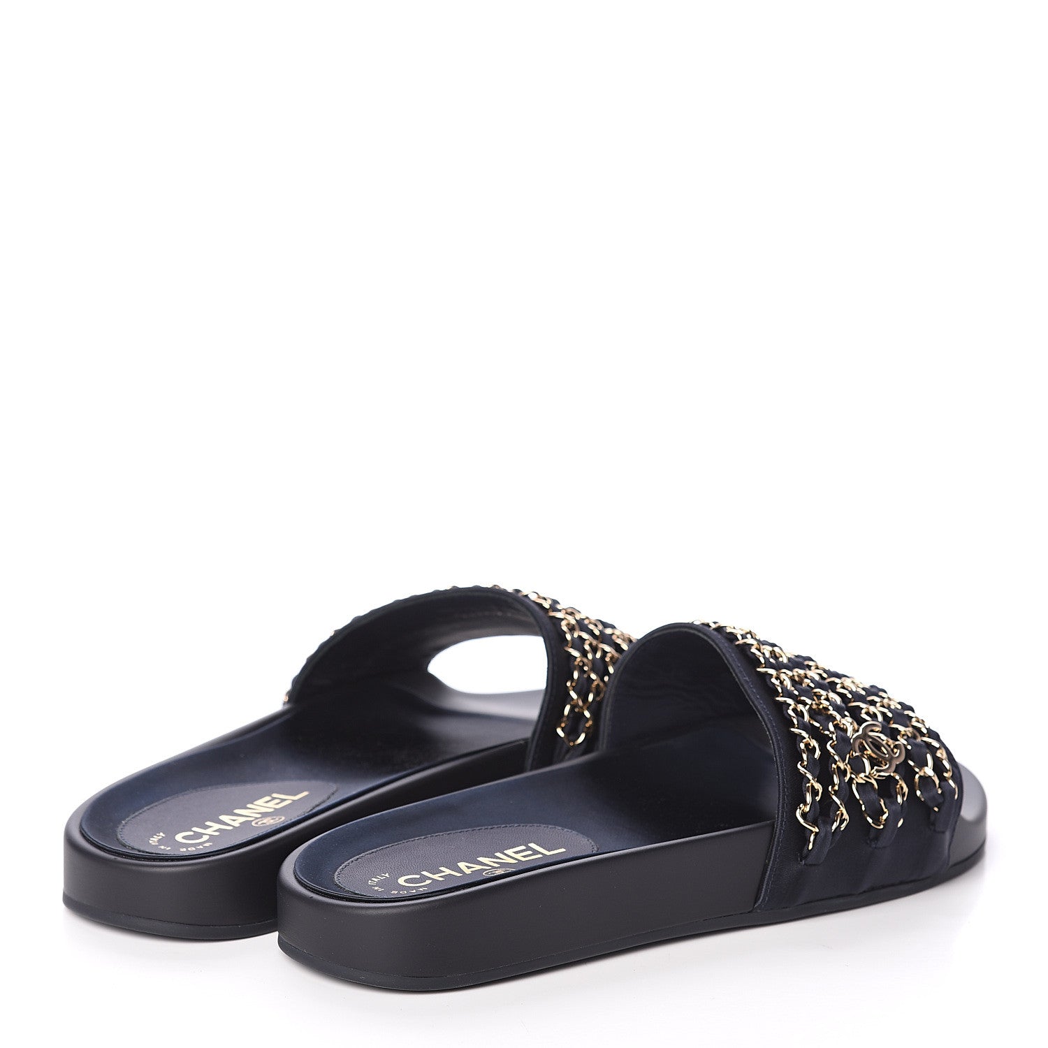 Chanel Satin Canvas Chain Slides Sandals Flats 39 Marine 4 of 7