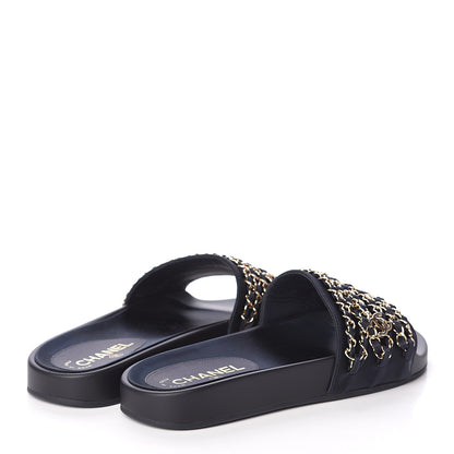 Chanel Satin Canvas Chain Slides Sandals Flats 39 Marine 4 of 7