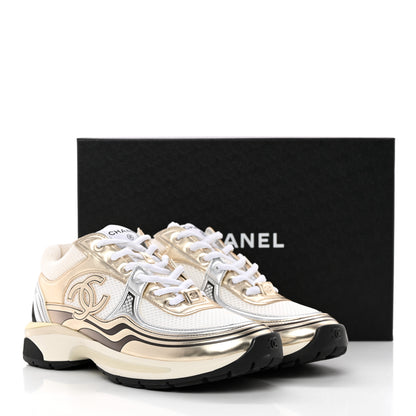 Chanel Fabric Laminated Calfskin Stretch CC Womens Sneakers 41 White Gold Silver 11 of 11