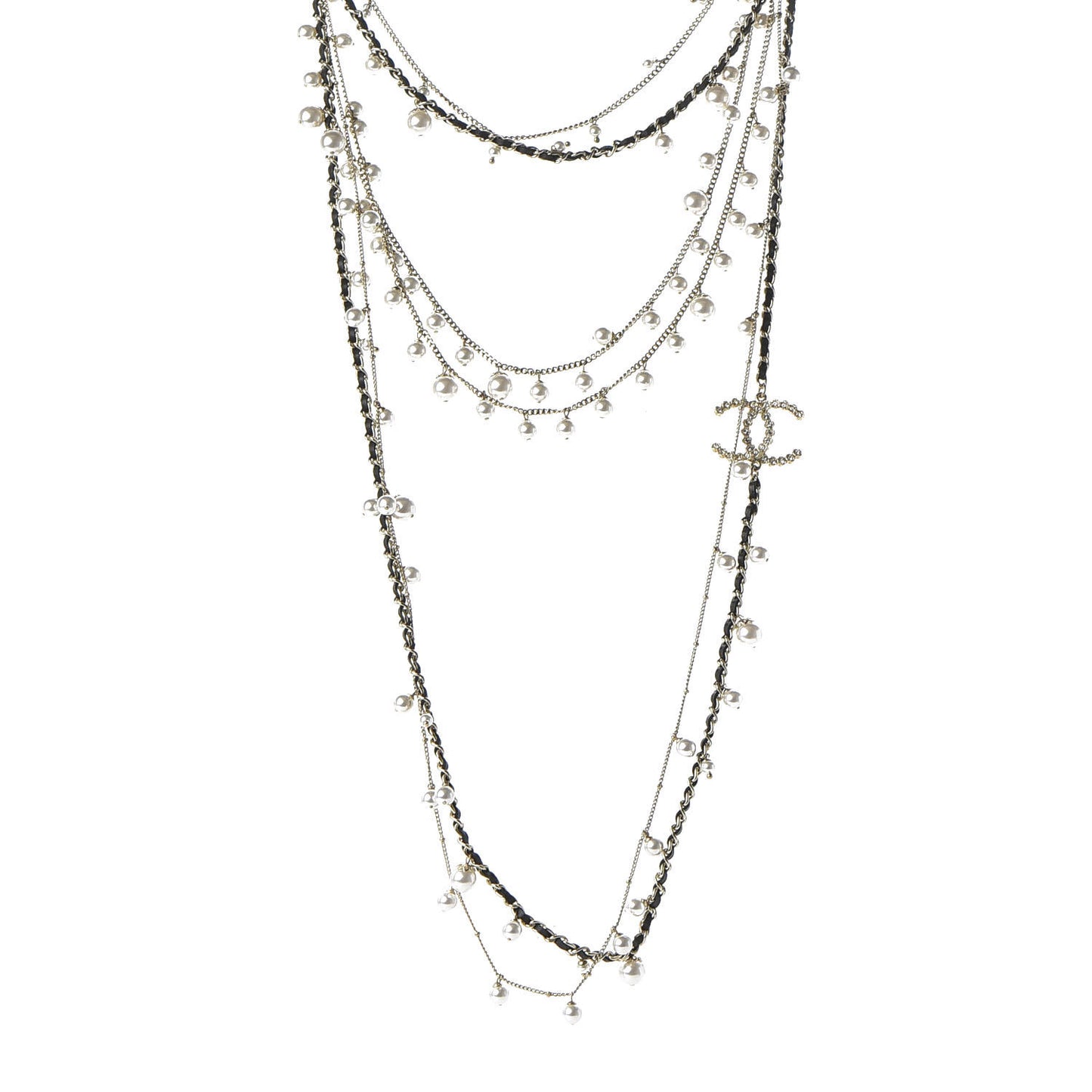 Pearl Crystal Lambskin CC Multi Strand Necklace Light Gold Black