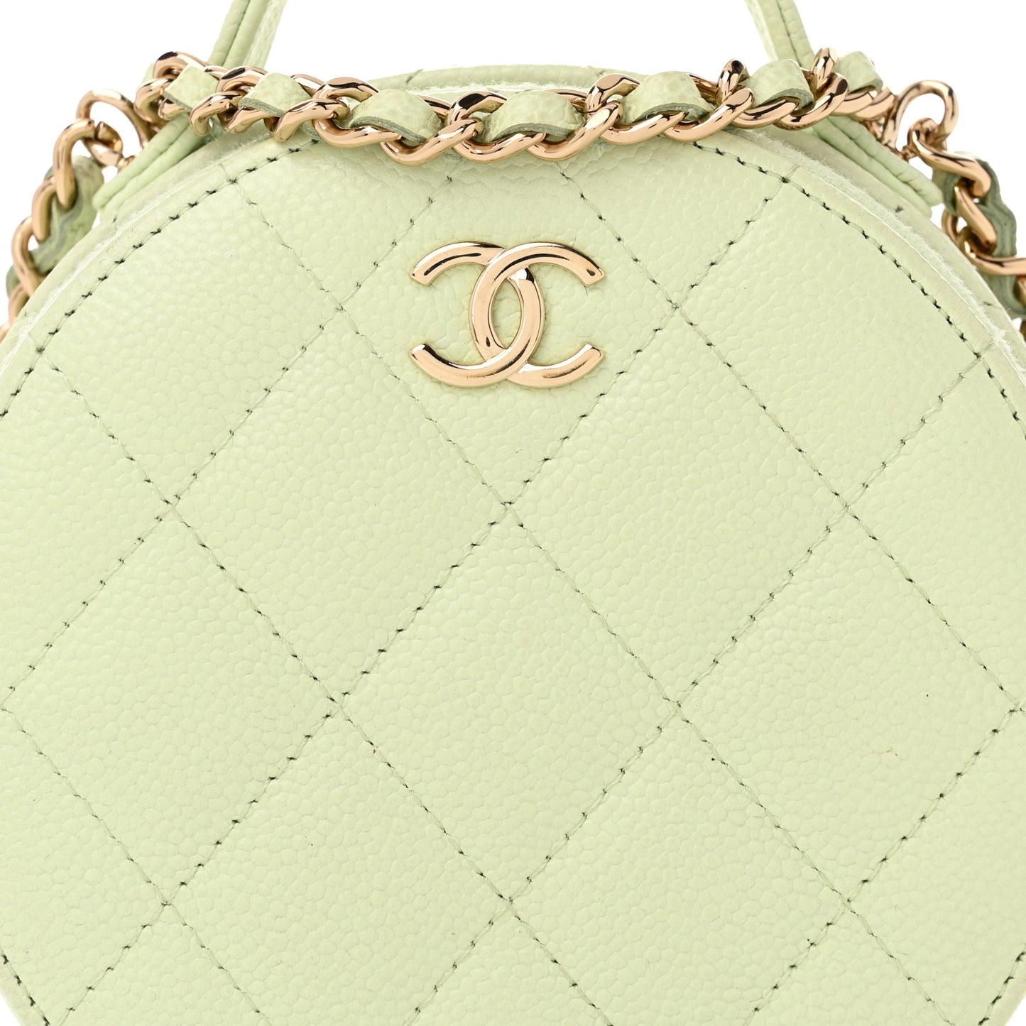 Caviar Quilted Round Handle With Care Vanity With Chain Light Green