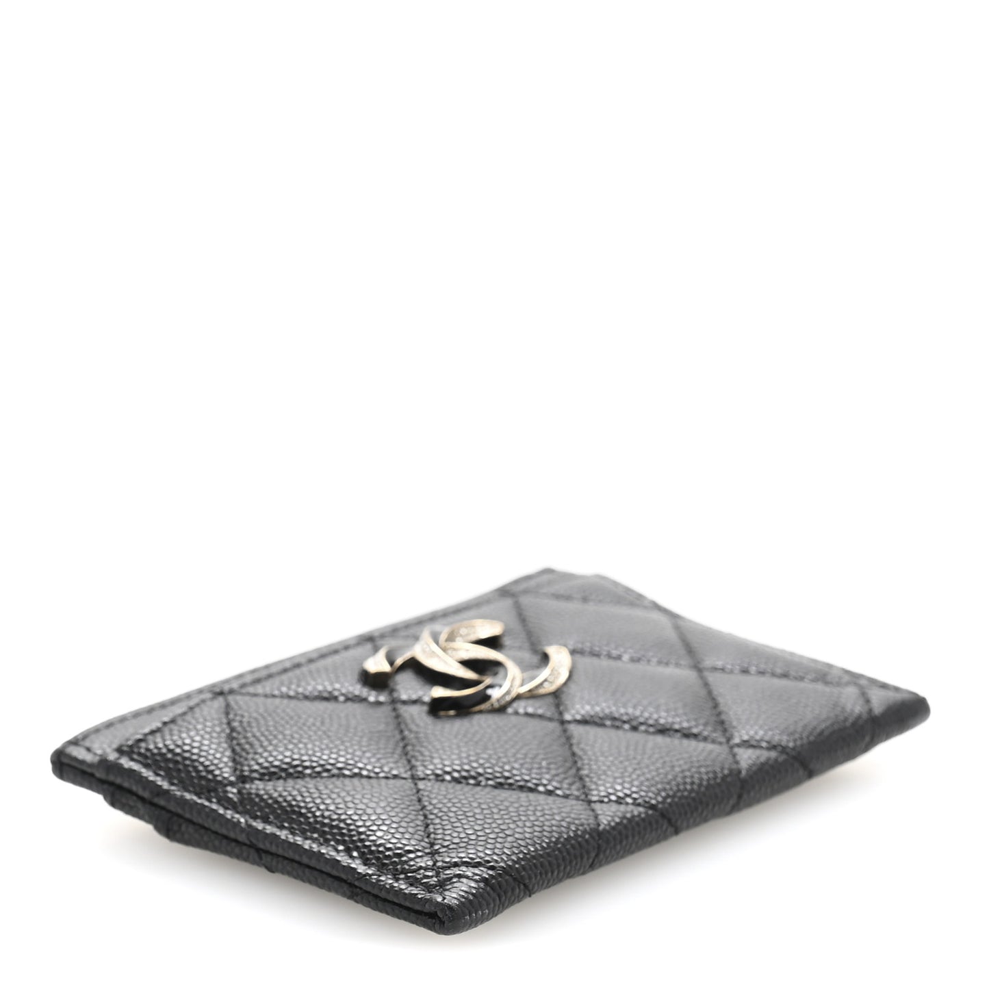 Caviar Quilted Crystal Enamel CC Card Holder Black