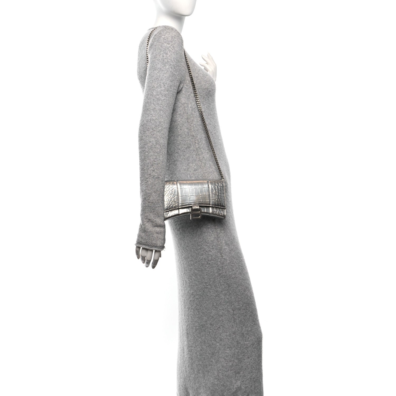 Balenciaga Metallic Calfskin Crocodile Embossed Hourglass Chain Bag  Silver 2 of 10