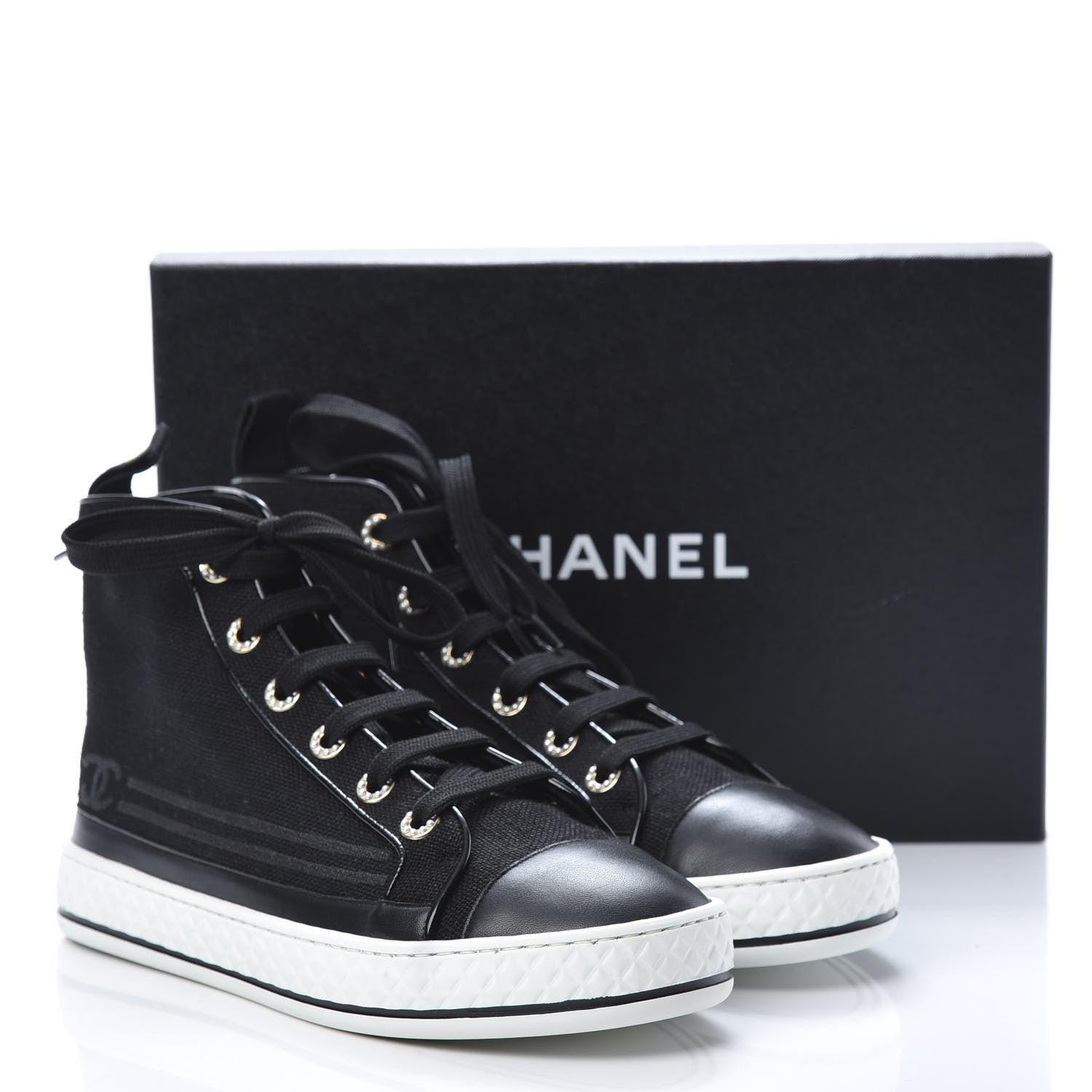 Chanel Fabric Lambskin Lace Up Cap Toe Sneakers 38 Black 9 of 9