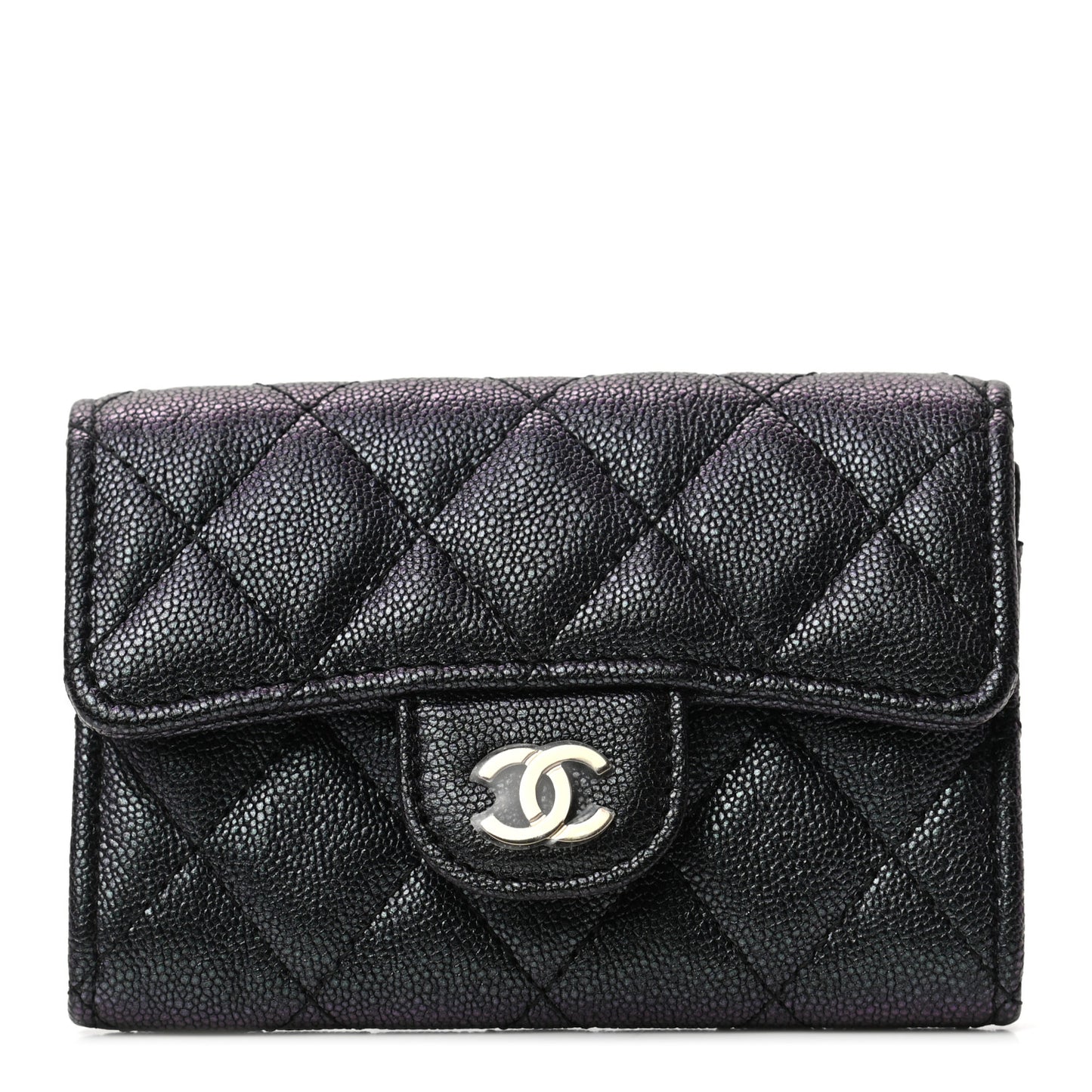 Iridescent Caviar Quilted Flap Card Holder Wallet Black