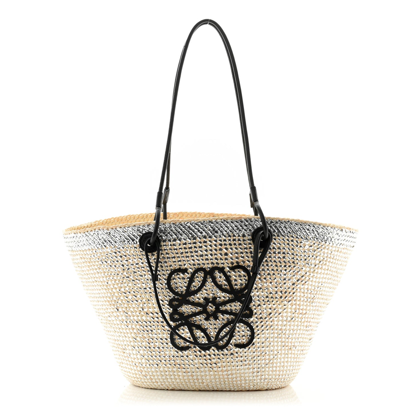 Calfskin Raffia Paulas Ibiza Sparkling Metallic Anagram Basket Tote Bag Natural Silver