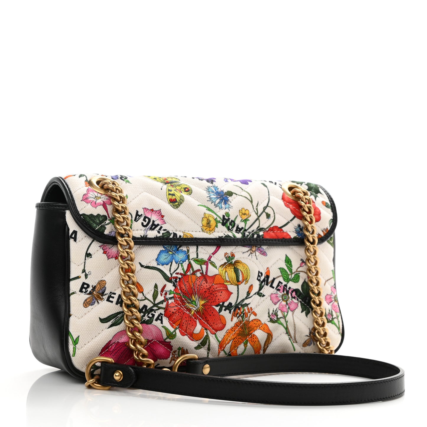 X BALENCIAGA Canvas Flora Logo Print Diagonal Matelasse Small GG Marmont Shoulder Bag White