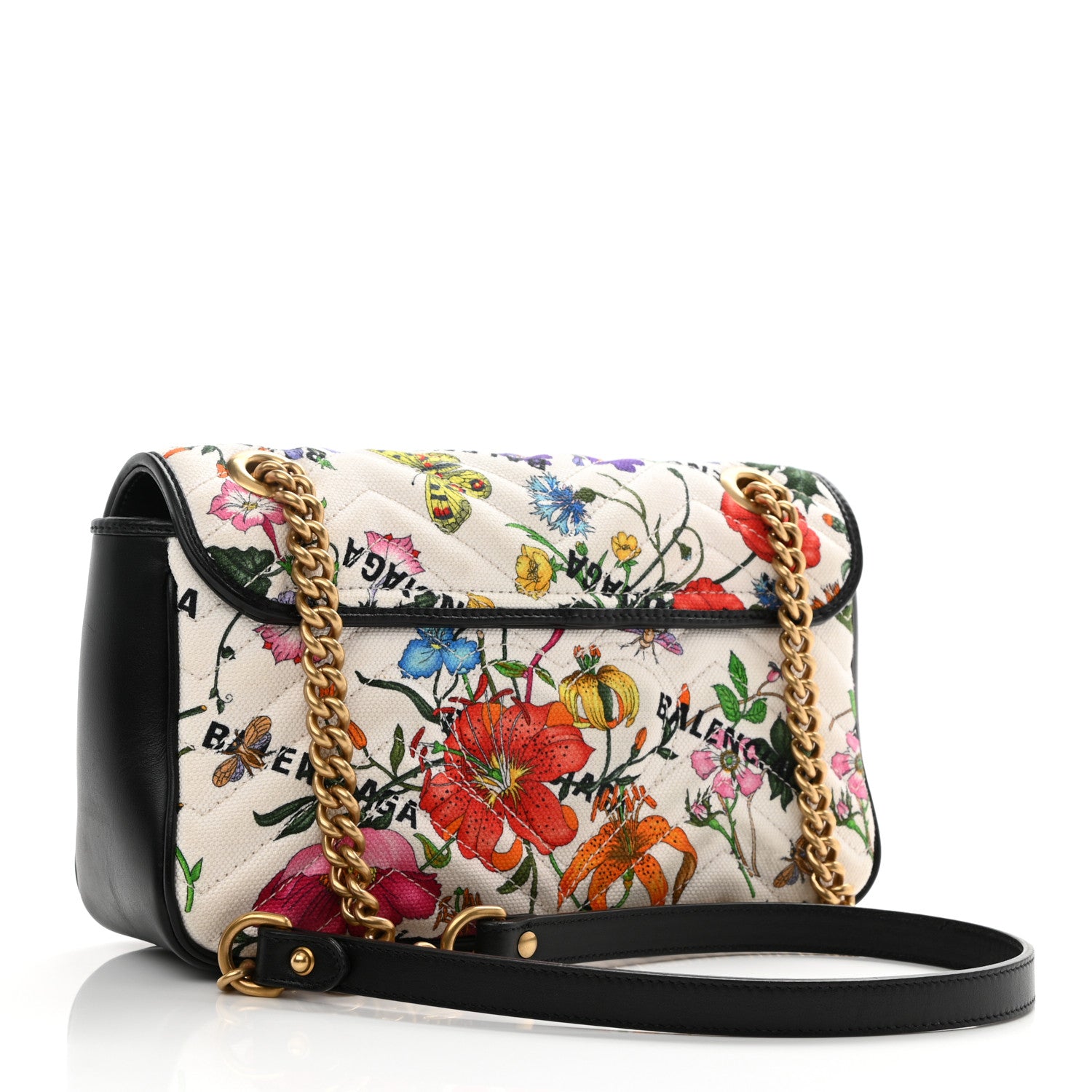Gucci X BALENCIAGA Canvas Flora Logo Print Diagonal Matelasse Small GG Marmont Shoulder Bag White 3 of 9