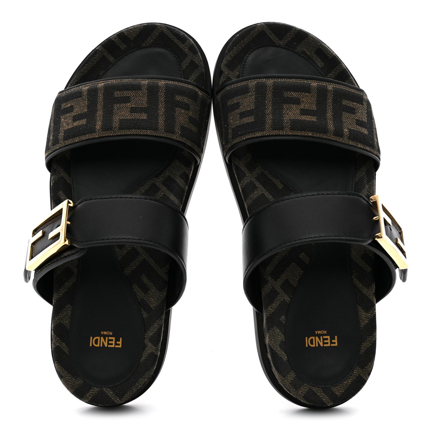Fabric Jacquard Nappa FF Womens Fendi Feel Buckled Slide Sandals 37 Tobacco Black
