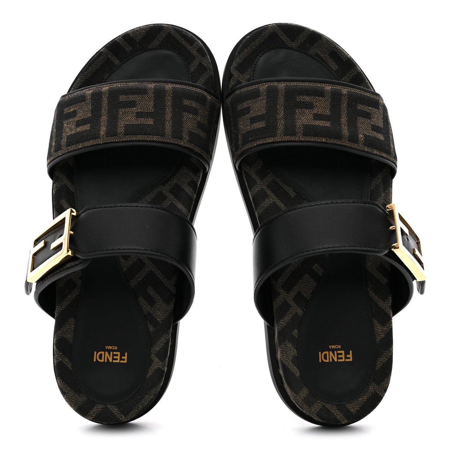Fendi Fabric Jacquard Nappa FF Womens Fendi Feel Buckled Slide Sandals 37 Tobacco Black 2 of 10