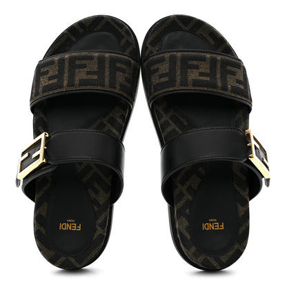 Fendi Fabric Jacquard Nappa FF Womens Fendi Feel Buckled Slide Sandals 37 Tobacco Black 2 of 10