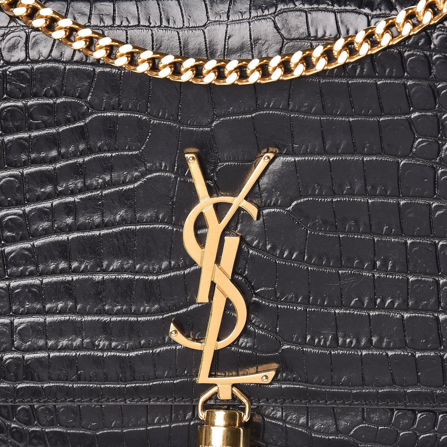 Saint Laurent Calfskin Crocodile Embossed Medium Classic Monogram Kate Tassel Satchel Black 8 of 10