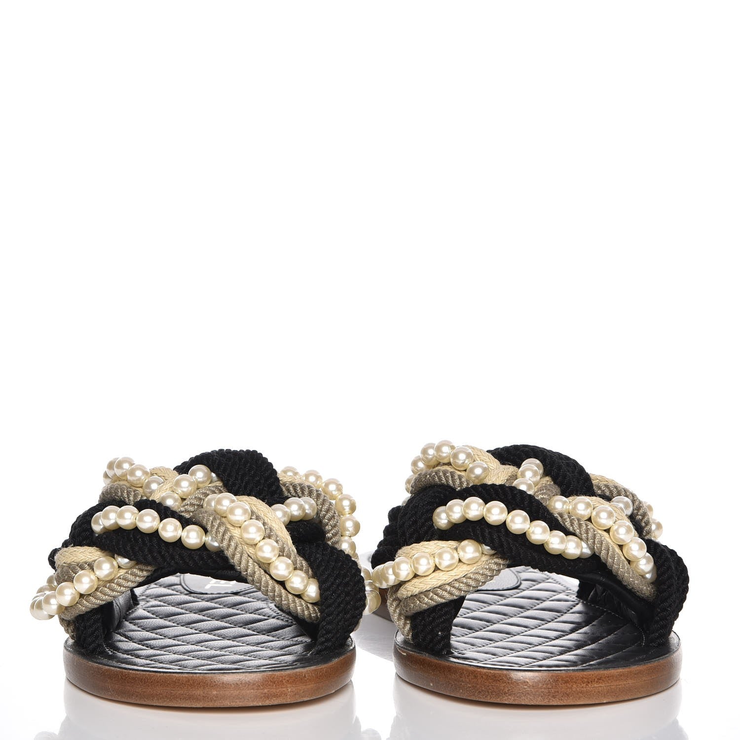 Chanel Lambskin Pearl Cord CC Mules 37 Black Beige 2 of 8