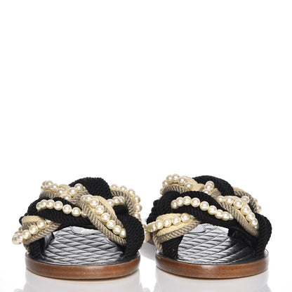 Chanel Lambskin Pearl Cord CC Mules 37 Black Beige 2 of 8