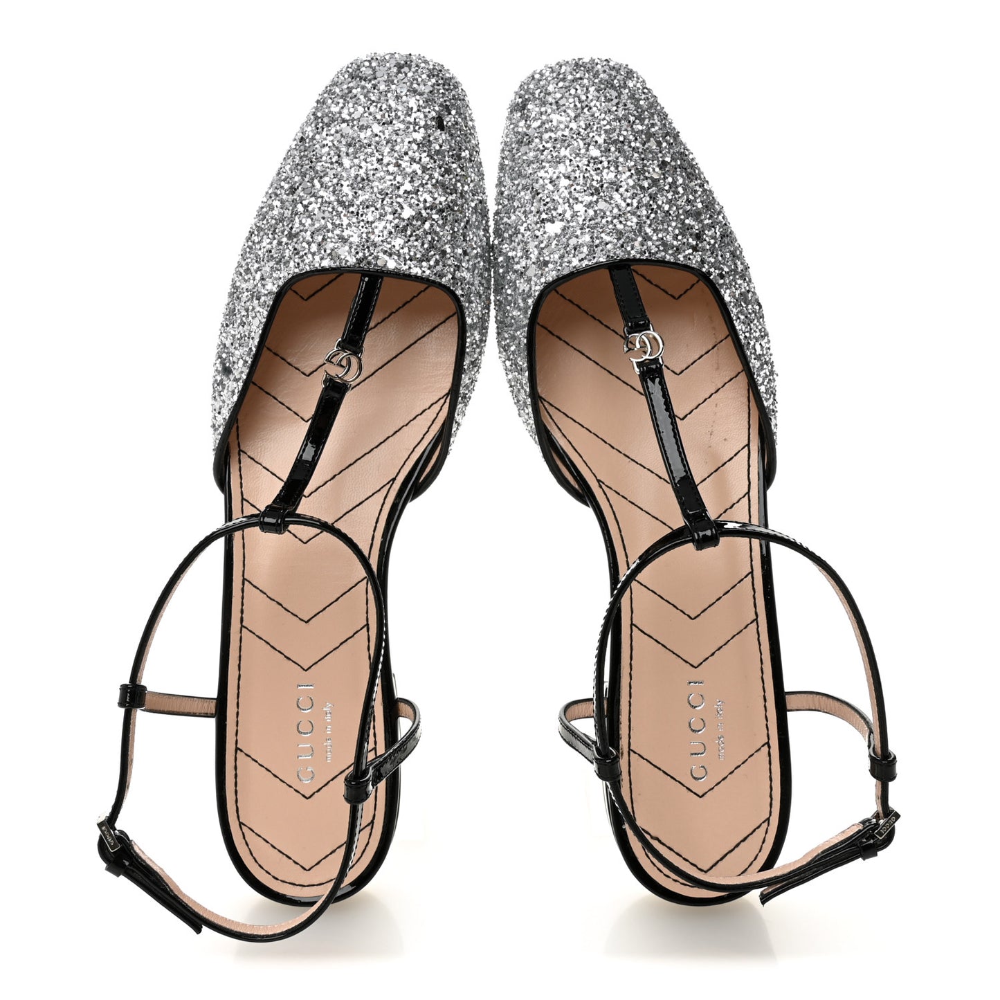 Calfskin Glitter Double G Slingback Flats 39 Silver Black