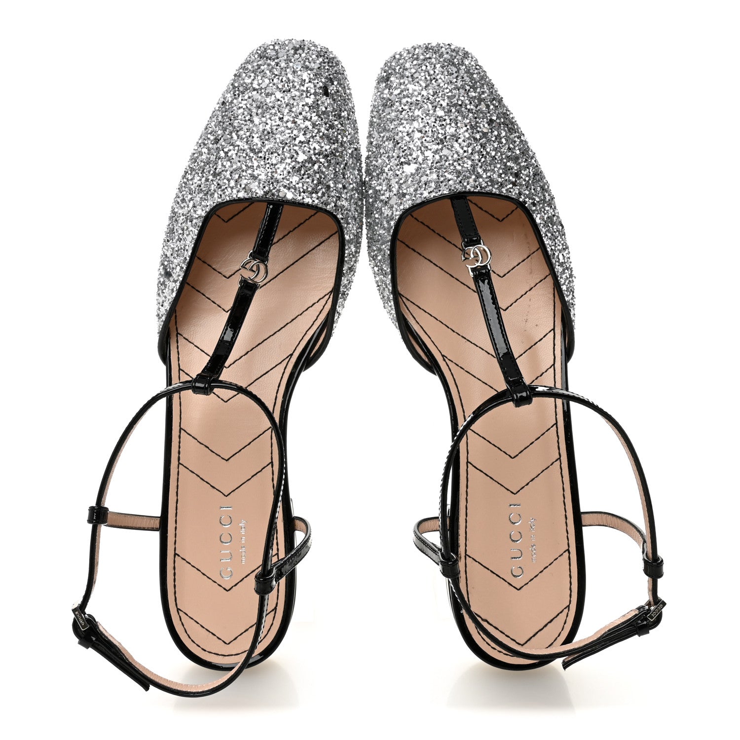 Gucci Calfskin Glitter Double G Slingback Flats 39 Silver Black 5 of 8