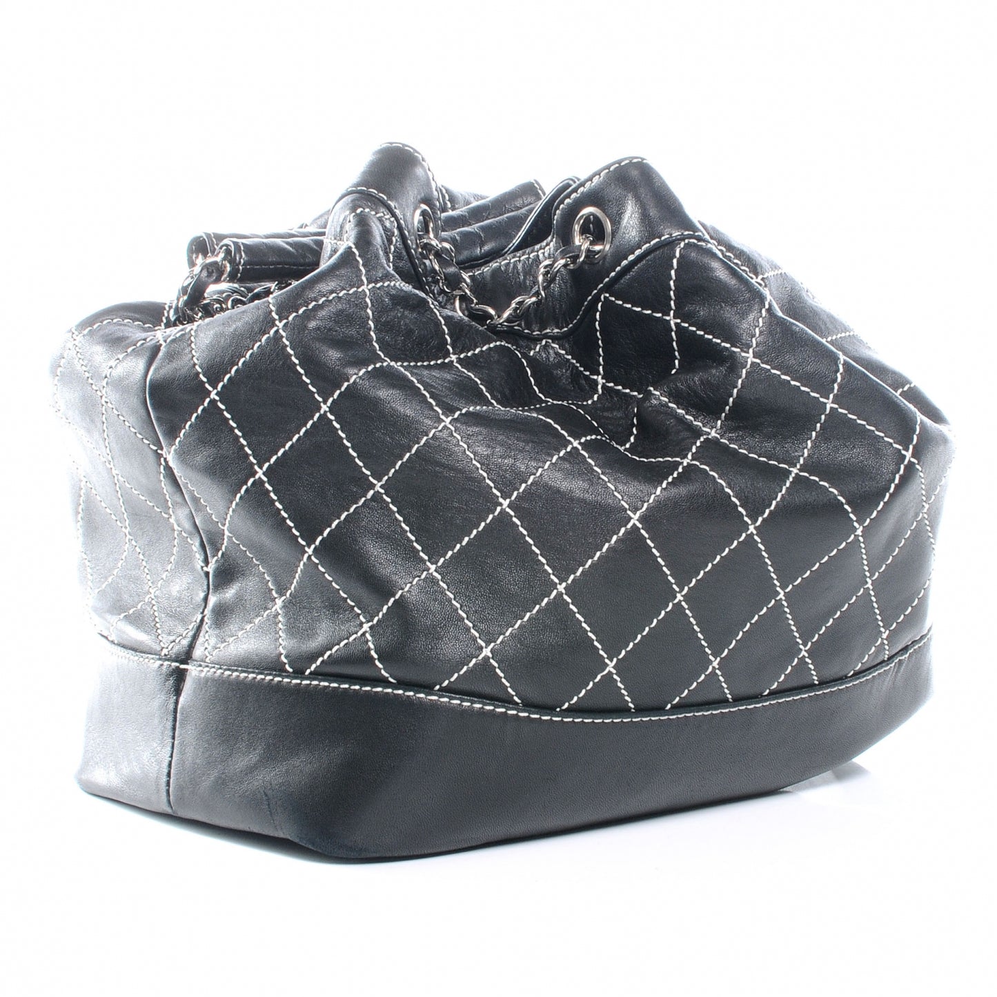 Leather Contrast Stitch Drawstring Tote Black