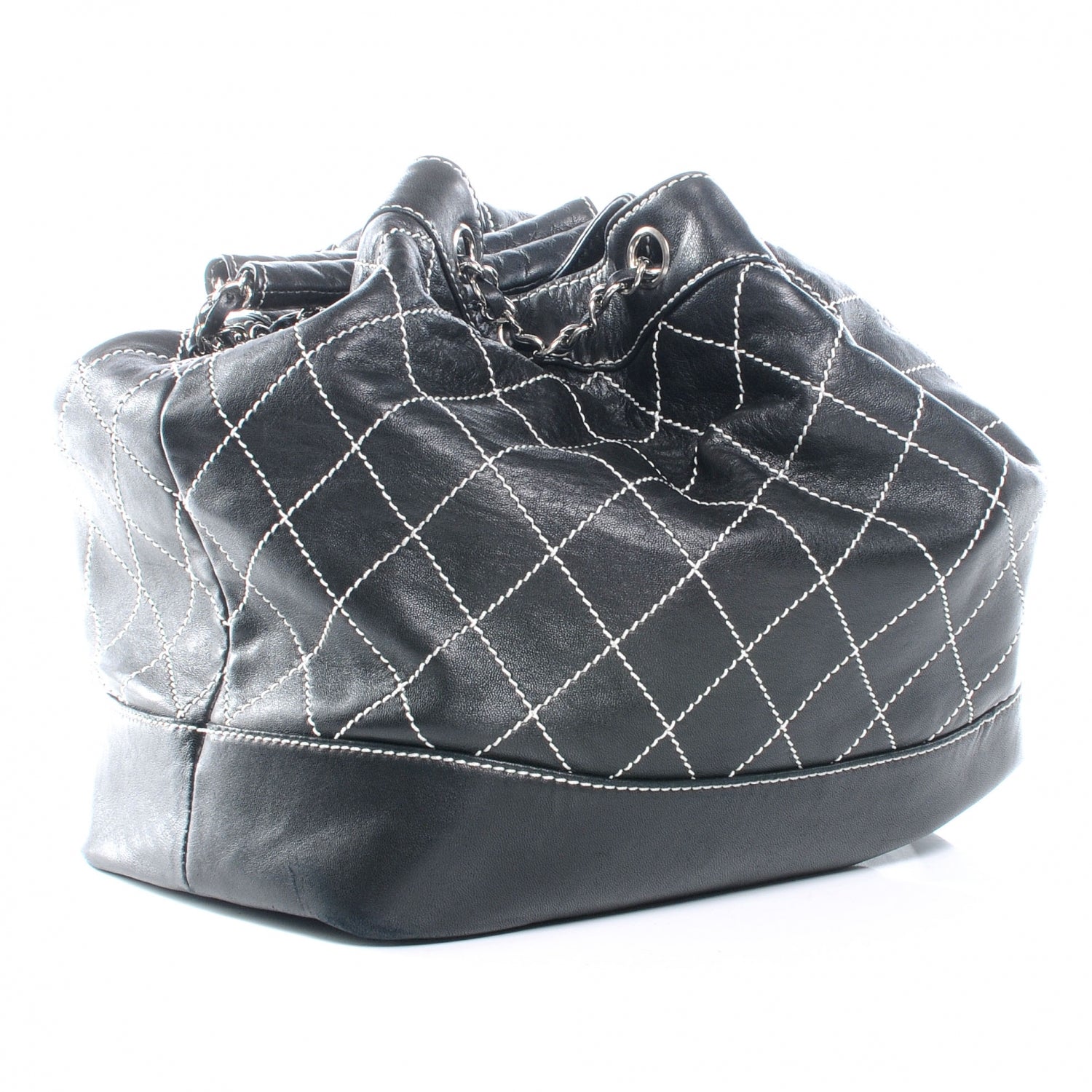 Chanel Leather Contrast Stitch Drawstring Tote Black 3 of 9