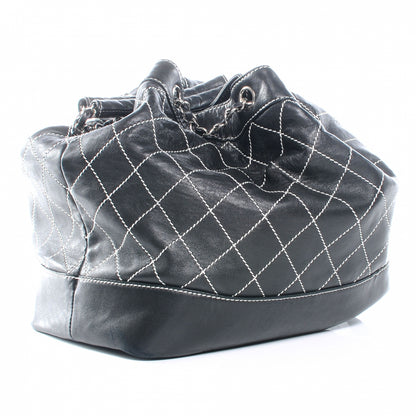 Chanel Leather Contrast Stitch Drawstring Tote Black 3 of 9
