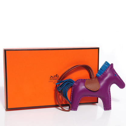 Hermes Milo Lambskin Grigri Rodeo Horse Bag Charm MM Anemone Bleu Izmir Fauve 5 of 5