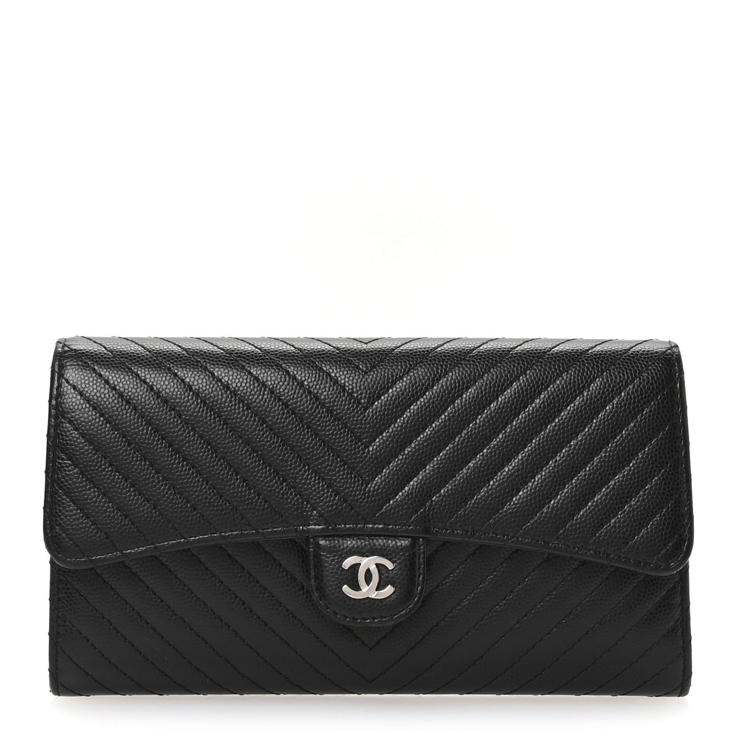 Caviar Chevron Quilted Large Flap Wallet Black