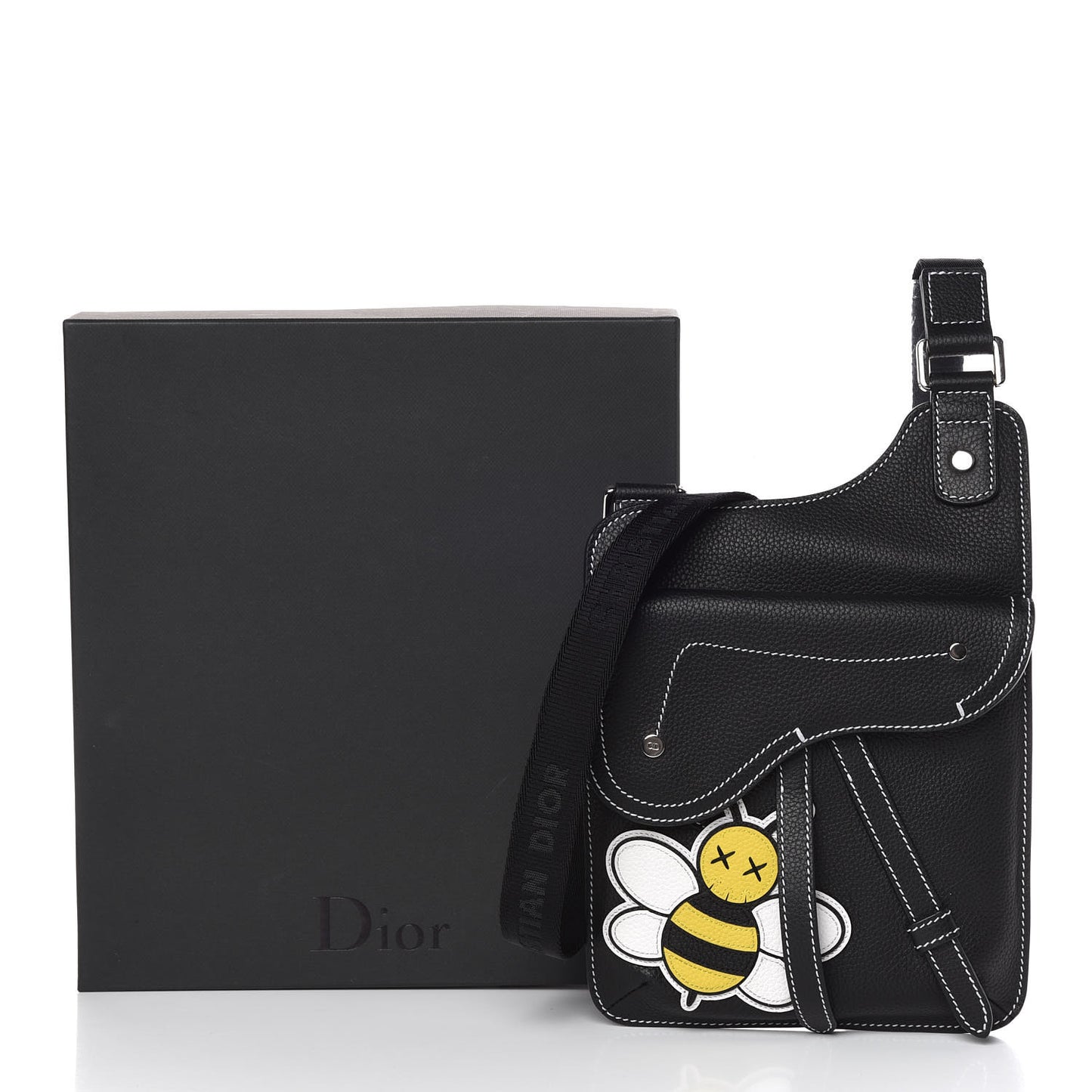 X KAWS Grained Calfskin Bee Saddle Pouch Black