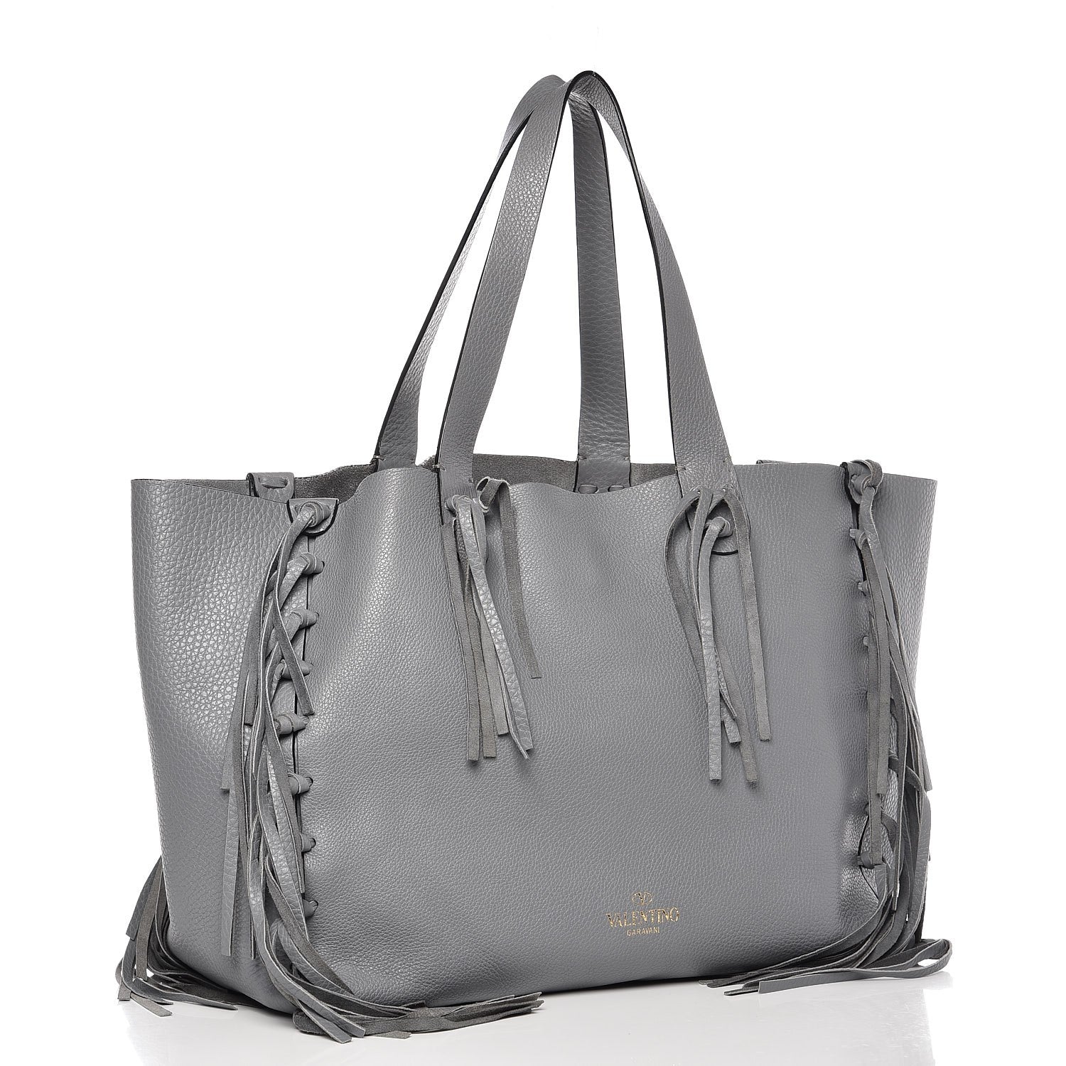 Valentino Garavani Grained Calfskin C-Rockee Fringe Tote Grey 3 of 8