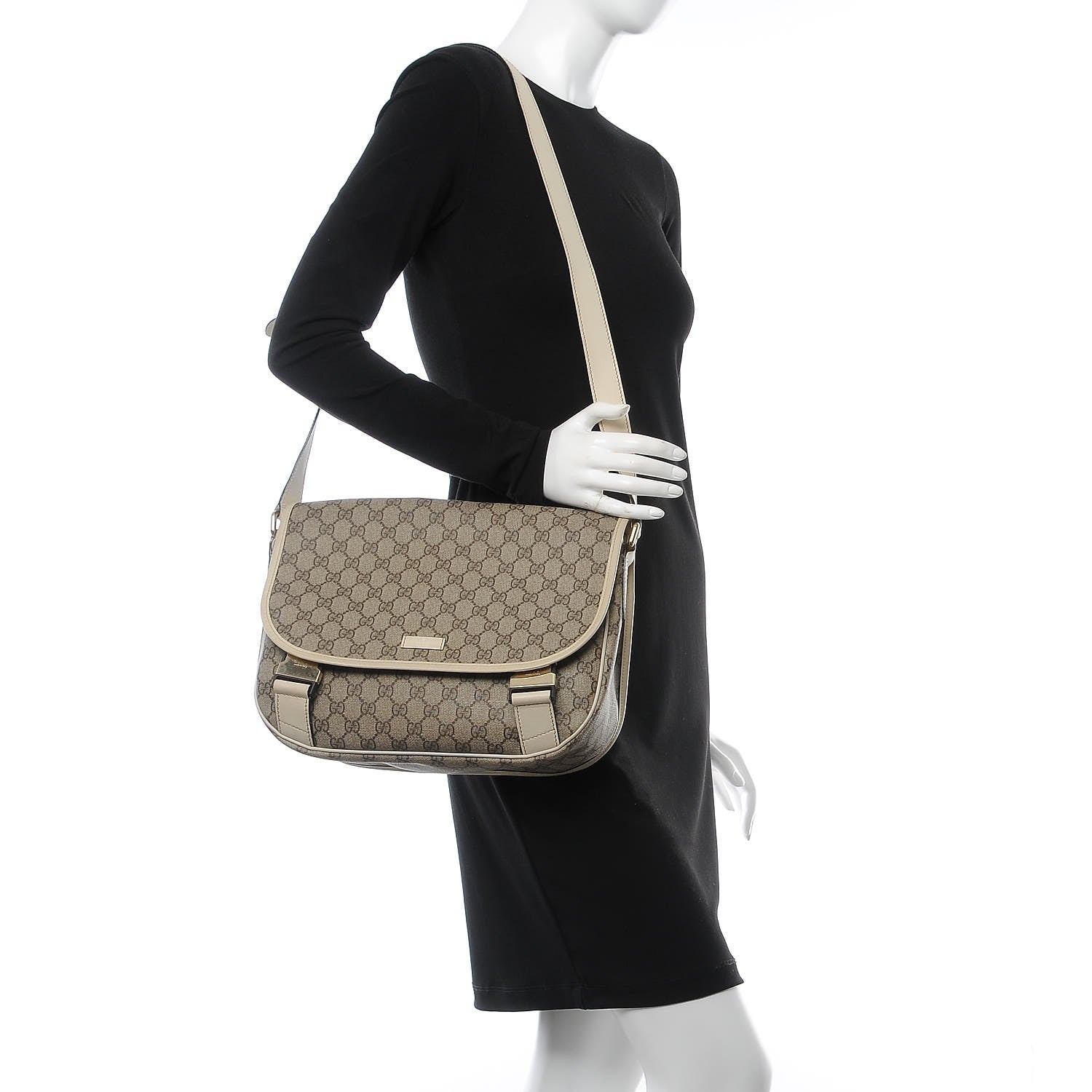 Gucci GG Plus Monogram Medium Double Buckle Flap Messenger Bag Beige Off White 2 of 8