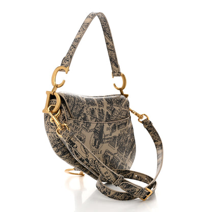 Christian Dior Calfskin Plan De Paris Printed Saddle Bag With Strap Beige Black 3 of 10