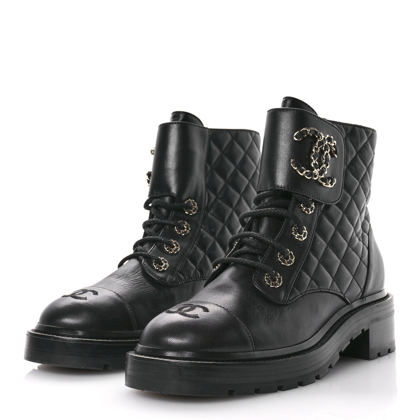 Shiny Calfskin Quilted Lace Up Combat Boots 38.5 Black