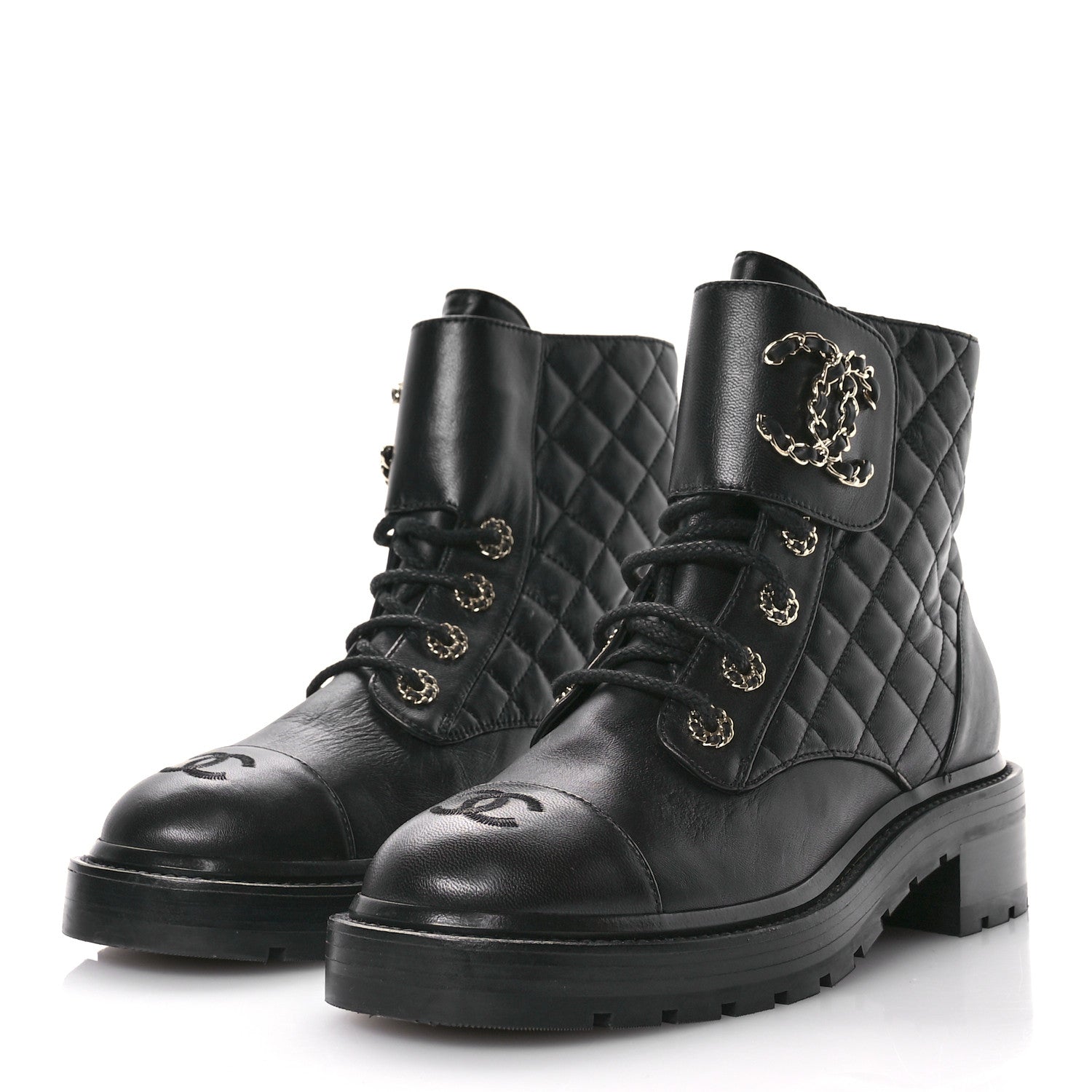 Chanel Shiny Calfskin Quilted Lace Up Combat Boots 38.5 Black 4 of 9