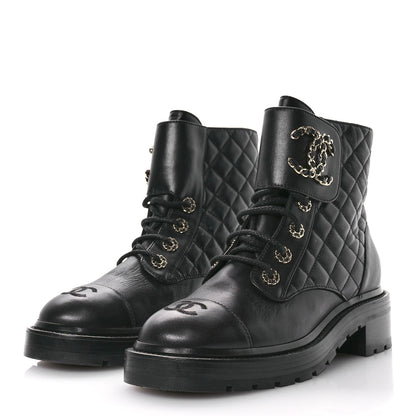 Chanel Shiny Calfskin Quilted Lace Up Combat Boots 38.5 Black 4 of 9