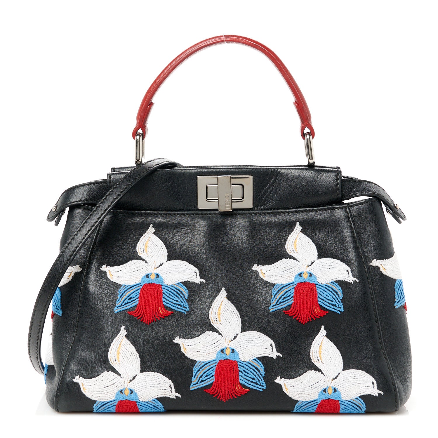 Fendi Nappa Orchid Embroidered Mini Peekaboo Iconic Satchel Black 1 of 11
