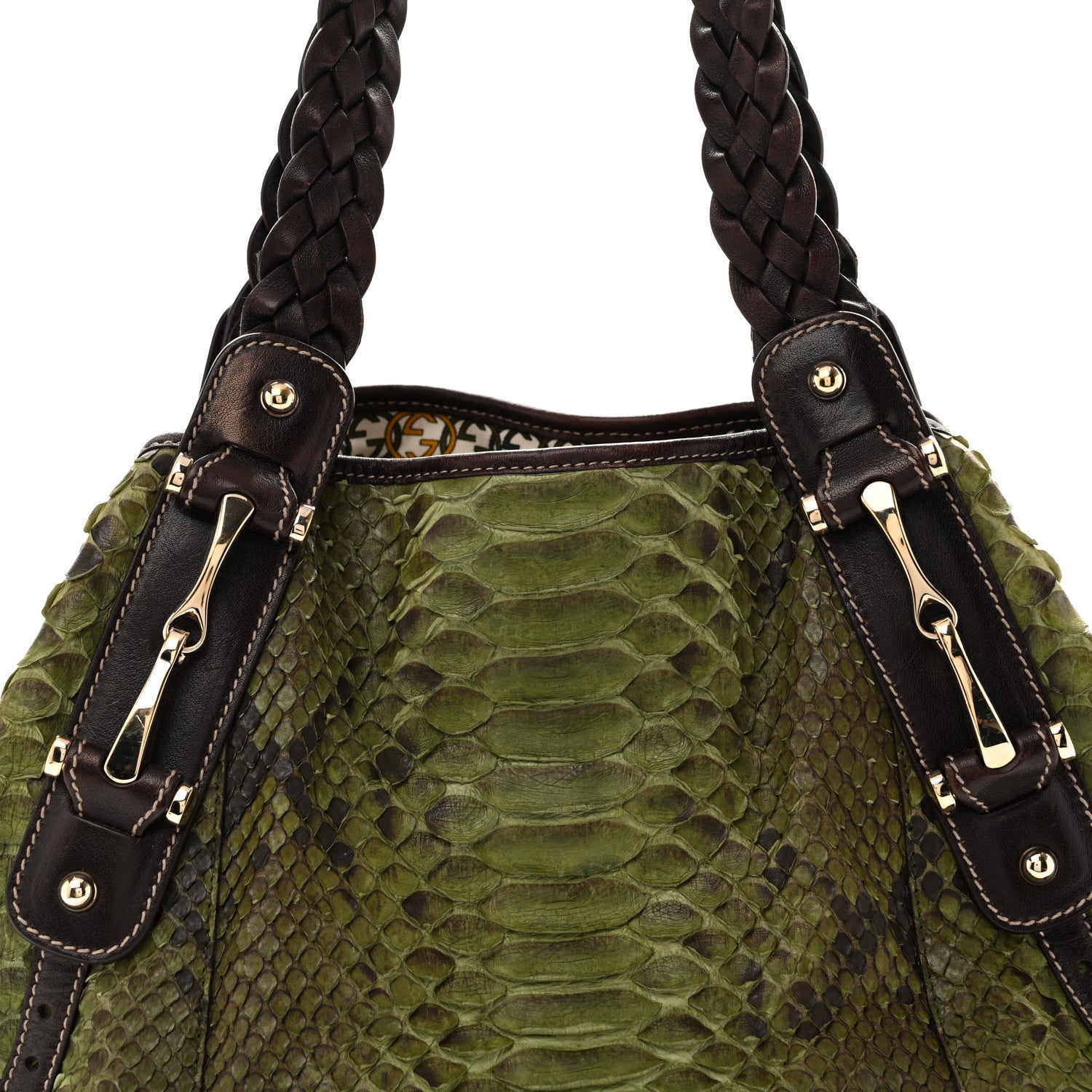 Gucci Snakeskin Medium Pelham Tote Green Brown 8 of 14