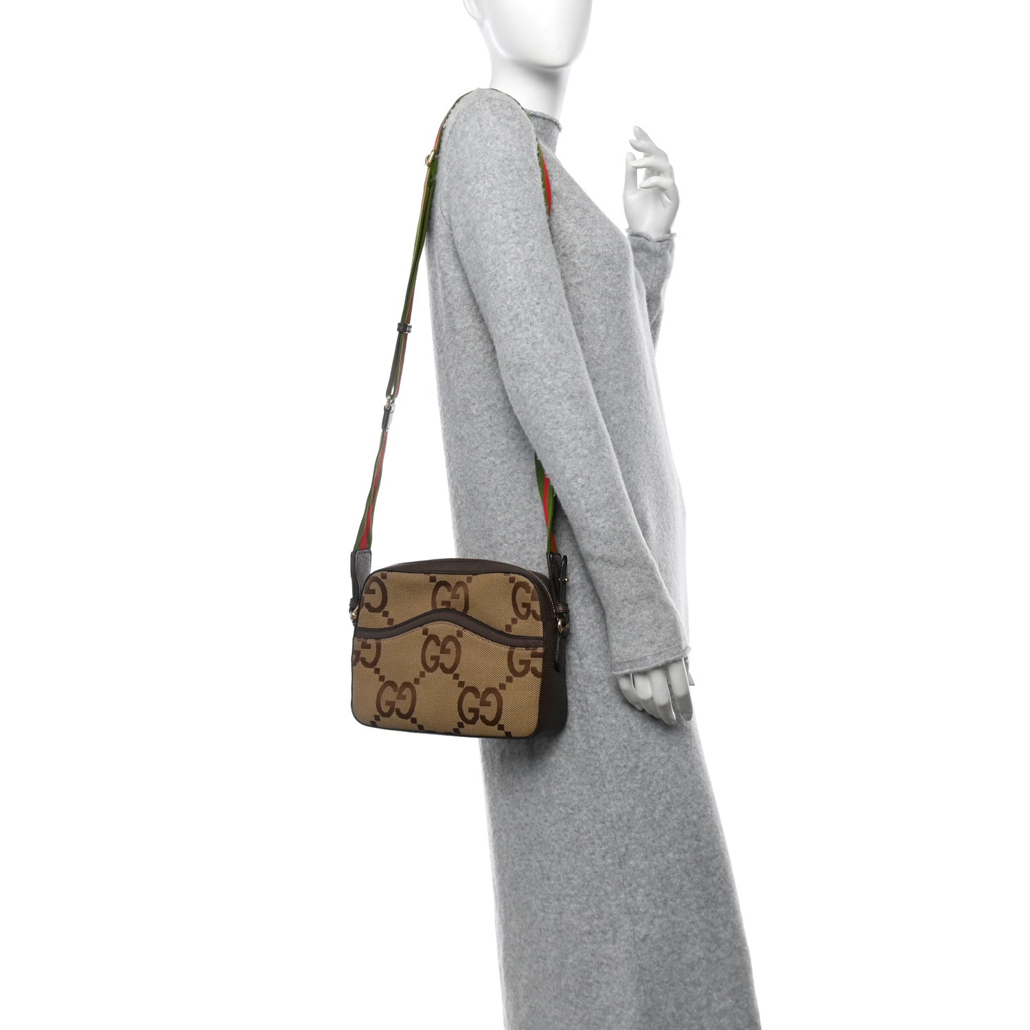 Gucci Monogram Jumbo GG Textured Dollar Calfskin Web Messenger Shoulder Bag Camel Ebony New Acero 2 of 10